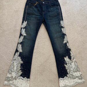 Amanda Adams Couture White Lace and Butterfly Embellished Jeans